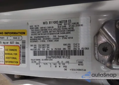 2019 Ford Fusion Se из США, поврежденный, VIN 3FA6P0HD9KR191732